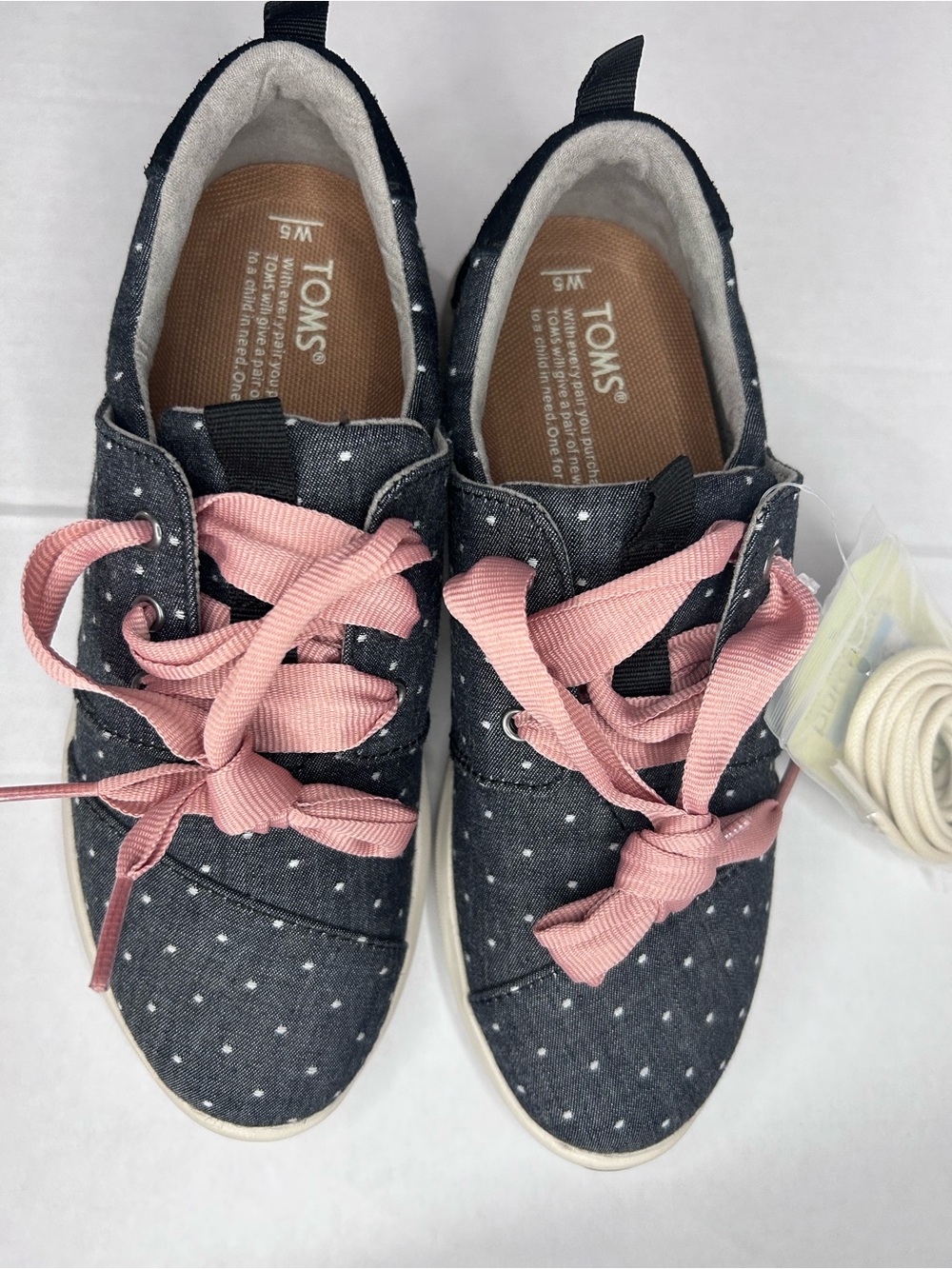 TOMS Women’s Navy Polka Dot Lace-Up Sneakers with Pink Laces